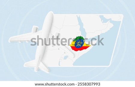 Ethiopia Travel Illustration with Plane and National Flag. Ideal for travel agencies, promotional materials, or geographic content related to Ethiopia.