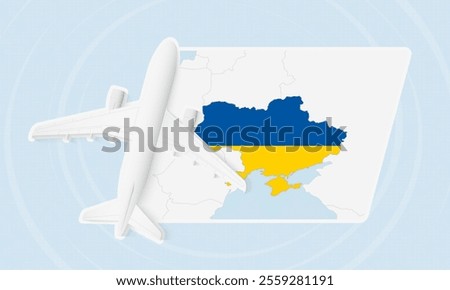 Ukraine Travel Illustration with Plane and National Flag. Ideal for travel agencies, promotional materials, or geographic content related to Ukraine.