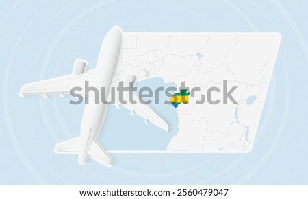 Gabon Travel Illustration with Plane and National Flag. Ideal for travel agencies, promotional materials, or geographic content related to Gabon.