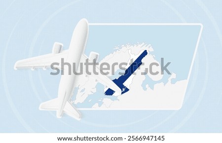 Finland Travel Illustration with Plane and National Flag. Ideal for travel agencies, promotional materials, or geographic content related to Finland.