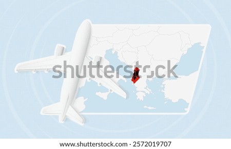 Albania Travel Illustration with Plane and National Flag. Ideal for travel agencies, promotional materials, or geographic content related to Albania.