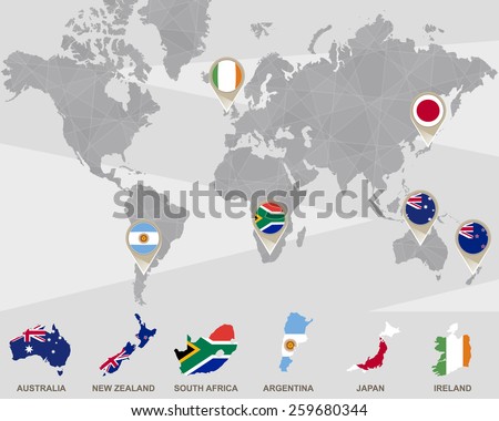 World map with Australia, New Zealand, South Africa, Argentina, Japan, Ireland pointers. Vector Illustration.