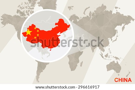Zoom on China Map and Flag. World Map.
