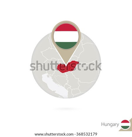 Hungary map and flag in circle. Map of Hungary, Hungary flag pin. Map of Hungary in the style of the globe. Vector Illustration.