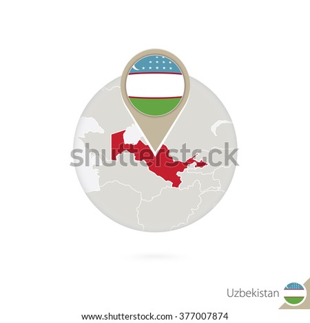 Uzbekistan map and flag in circle. Map of Uzbekistan, Uzbekistan flag pin. Map of Uzbekistan in the style of the globe. Vector Illustration.