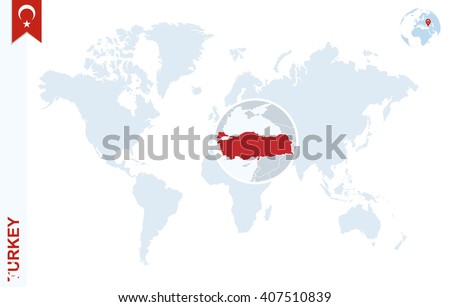 World map with magnifying on Turkey. Blue earth globe with Turkey flag pin. Zoom on Turkey map. Vector Illustration