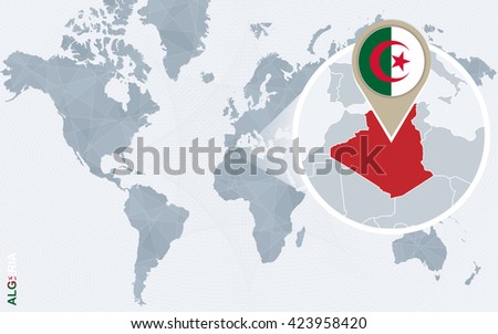 Abstract blue world map with magnified Algeria. Algeria flag and map. Vector Illustration.