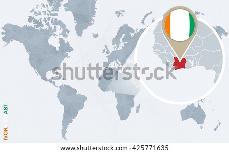 Abstract blue world map with magnified Ivory Coast. Ivory Coast flag and map. Vector Illustration.