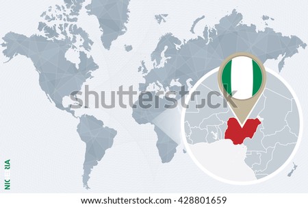 Abstract blue world map with magnified Nigeria. Nigeria flag and map. Vector Illustration.