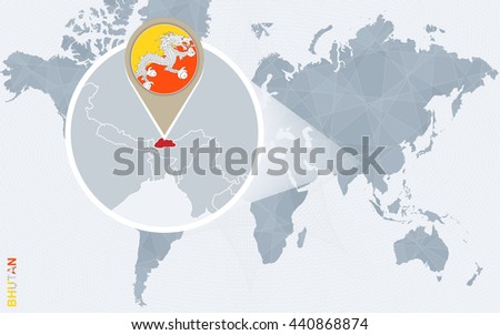 Abstract blue world map with magnified Bhutan. Bhutan flag and map. Vector Illustration.