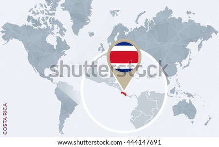 Abstract blue world map with magnified Costa Rica. Vector Illustration.