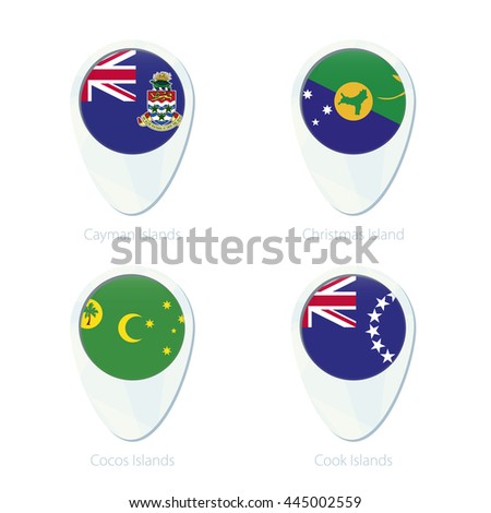 Cayman Islands, Christmas Island, Cocos Islands, Cook Islands flag location map pin icon. Vector Illustration.