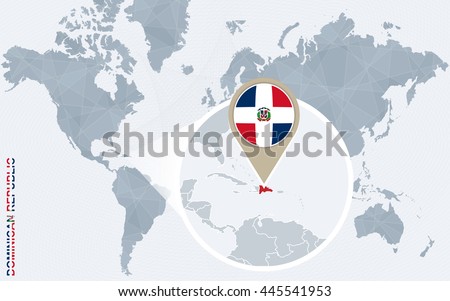 Abstract blue world map with magnified Dominican Republic. Flag and map. Vector Illustration.