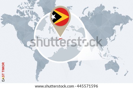 Abstract blue world map with magnified East Timor. Flag and map. Vector Illustration.