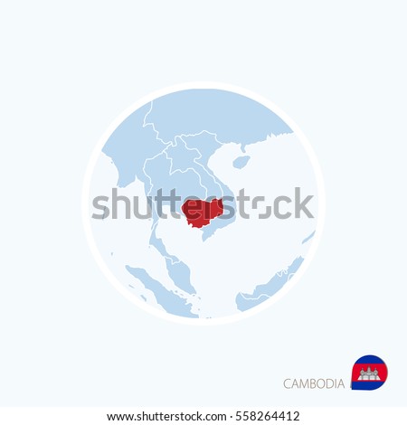 Map icon of Cambodia. Blue map of Asia with highlighted Cambodia in red color. Vector Illustration.