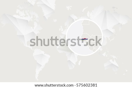 Gambia map with flag in contour on white polygonal World Map. Vector Illustration.