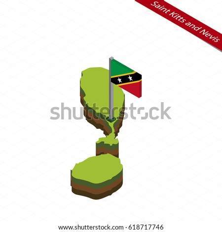 Isometric map and flag of Saint Kitts and Nevis. 3D isometric shape of Saint Kitts and Nevis. Vector Illustration.