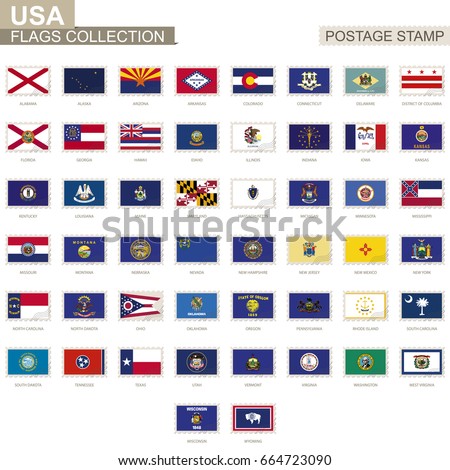 Postage stamp with USA State flags. Set of 50 US states flag. Vector Illustration.
