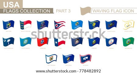 Waving flag icon, flags of the US states sorted alphabetically, from New York state to Wyoming. Vector illustration.
