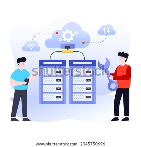 Flat illustration of server management, two characters with servers