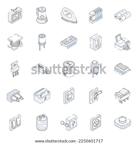 Electronic Components and Appliances Outline Isometric Icons 
