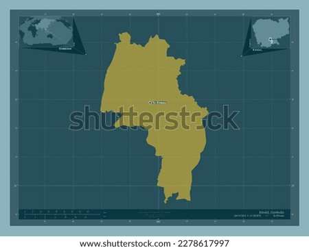 Kandal, province of Cambodia. Solid color shape. Locations and names of major cities of the region. Corner auxiliary location maps Stock fotó © 