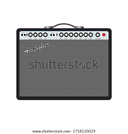 Isolated black electric guitar amplifier, cabinet equipment for musician flat logo or icon style, print for tee-shirt and graphic design, Musical instrument sales business. vector and illustration.