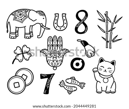 Good Luck Symbols Set. Asian talismans and charms contour vector illustration. Symbols of success and prosperity