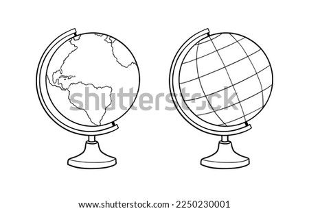 School Globe Doodle Sketch. Hand drawn globe on a stand. Model of the Earth. Education equipment. Coloring page. Isolated vector illustration