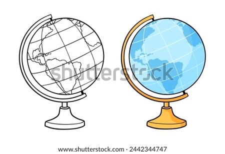 Outline Globe and Colored Doodle Sketch. Hand drawn school globe on a stand. Model of the Earth. Education equipment. Isolated vector illustration