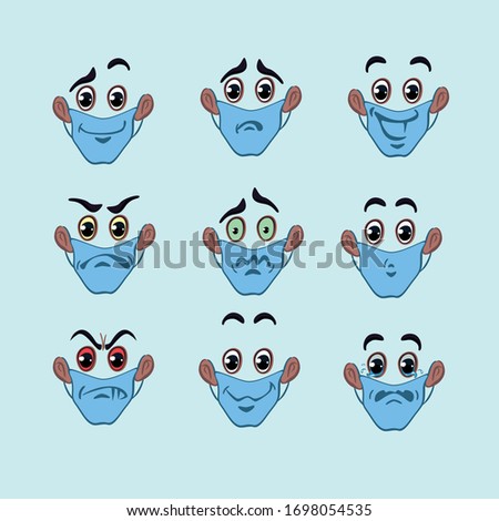 Set of nine emotional faces in medical masks. Different expressions. Vector illustration. Coronovirus Protection.