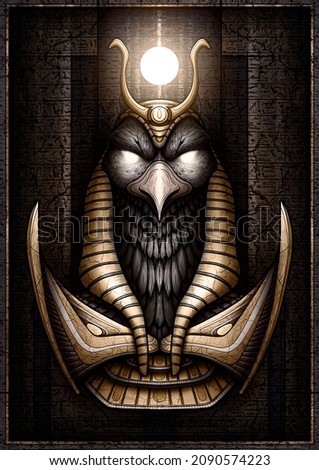 Egyptian Sun God - Ra with glowing eyes in a gold crown and armor. Ruler of an ancient civilization in the form of a bird - falcon on the background of a stone slab with hieroglyphics and cracks. Stok fotoğraf © 