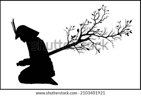 Isolated silhouette of a sitting Japanese warrior, who pierced himself with a katana from which branches with leaves grow. The last samurai in helmet and armor, made harakiri, without background.