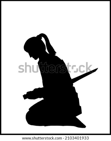 Isolated silhouette of a sitting Japanese warrior with ponytail hair, who pierced himself with a short katana. The last samurai no helmet in armor, made harakiri. Character without background.