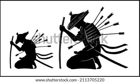 Isolated silhouette of a samurai pierced with arrows, sitting on his knees in a straw hat with a katana in his hand. The figure of a dying Japanese warrior in a kimono with armor on his shoulder.