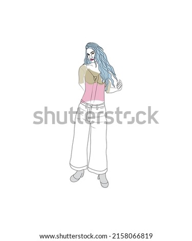 Stylish girl line art illustration, Beautiful face and hair stylish, full body victor art print file