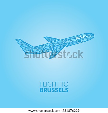 Plane illustration with names of world cities on the board. Main inscription 