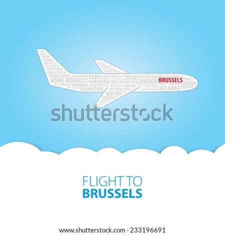 Plane illustration with names of world cities on the board. Main inscription 