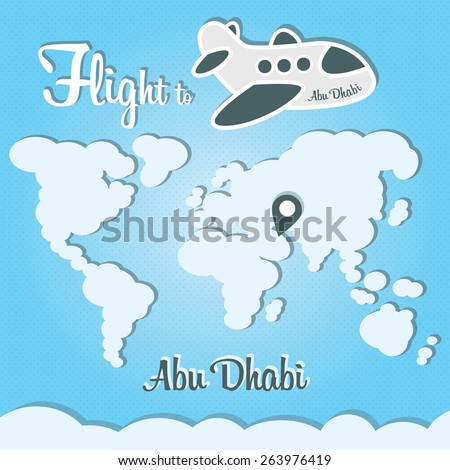 Funny cartoon vector illustration of clouds world and airplane. Main inscription 