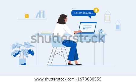 Working from home. Busy Business Woman or Freelancer Working on Laptop Sitting at Table Workplace Thinking of Task. Freelance Outsourced Employee Occupation Brainstorm. 