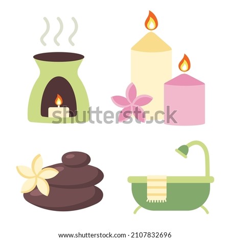 Set of elements for spa and relaxation. Oil burner, aroma candles, zen stones with flower and bath hub. Accessories for relax, meditation and personal care. Beauty and massage salon equipment. 