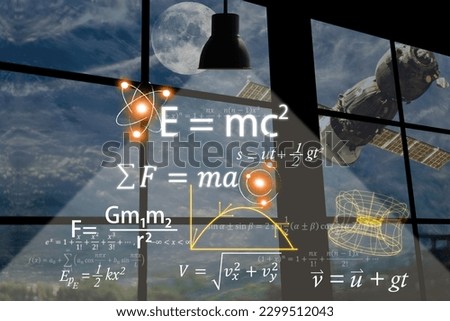 The equations of gravity and other equations of Albert Einstein and Sir Isaac Newton's physics and mathematics are lit up by window lamps and spaceships outside. Image credit furnished by naza. Сток-фото © 