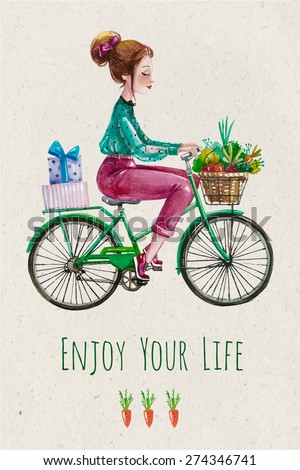Enjoy your life. Card  with cute girl on the bike. Basket with vegetable and fruits.  Vector hand drawing  illustration.