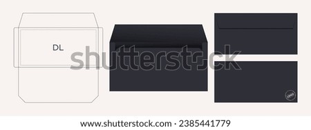 The DL envelope size (4.313 x 8.625 Inch) die cut template. Vector black isolated circuit envelope with mockups. International standard size