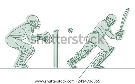 Cricket. Wicket keeper with Cricket batsman Line drawing Vector illustration.