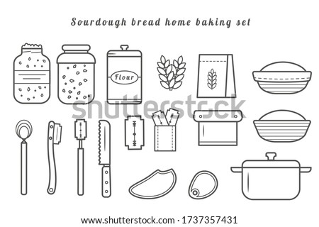 Set of vector outline icons of homemade sourdough bread baking kit. Recipe elements for home baked loaf. Sourdough starter culture in mason jar. Dough scraper. Danish whisk. Proofing basket. Bench kni