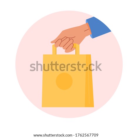 A customer with shopping ecological bag. Courier outstretched hand holding craft paper bag. Delivery food banner emblem concept. Cartoon vector illustration isolated on white background.