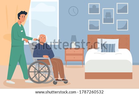 Residential care facility. A caretaker with old man on wheelchair. A bedroom in nursing home or retirement home. Scene of disabled elderly person with social worker at home. Concept of assisted living