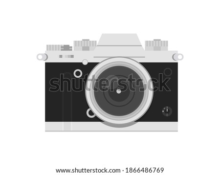 Old style vintage film camera isolated on white background. Retro grey silver and black photo camera. Vector illustration. Detailed realistic icon.