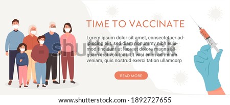 A couple of elderly people wearing face medical mask. A nurse or doctor hand in latex glove holding syringe with vaccine jab. Covid Vaccination concept. Banner with caption Time To Vaccinate. Vector.